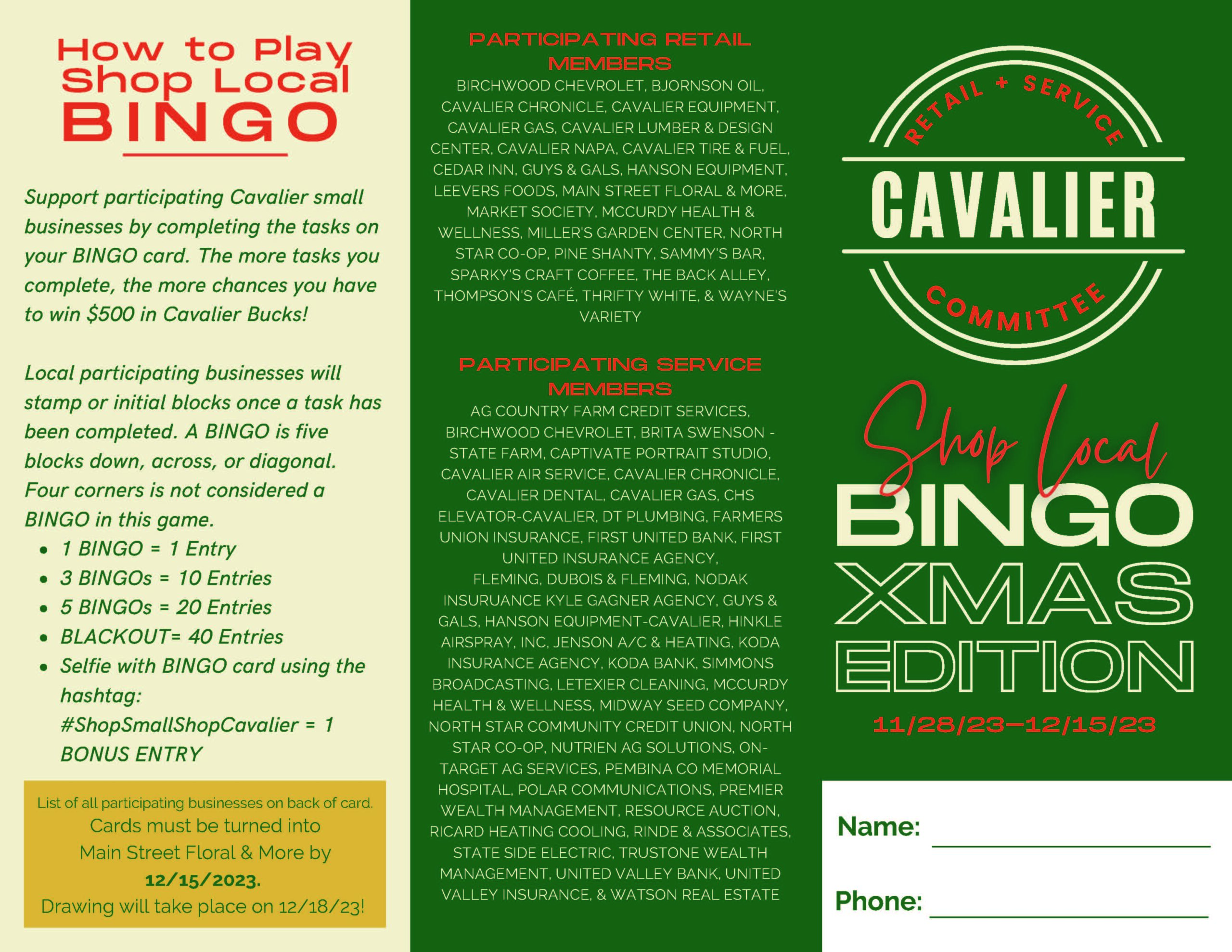 Shop Local Bingo Christmas Edition Cavalier Chamber of Commerce